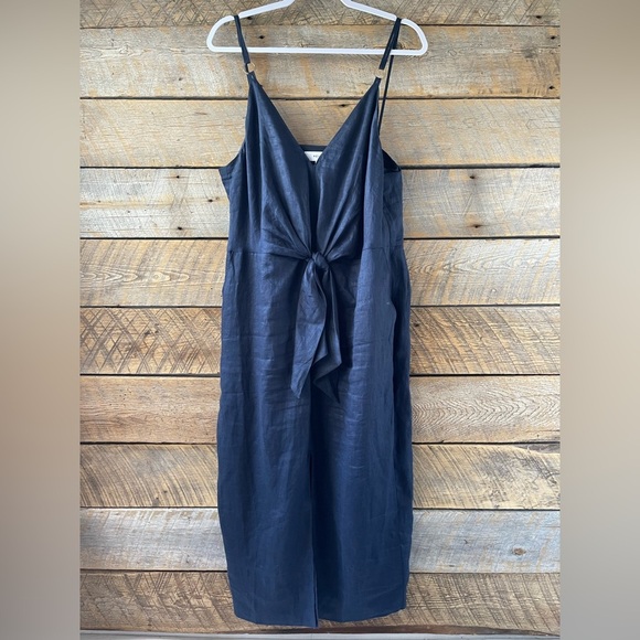 REISS Kay Tie Detail Navy Linen MIDI Dress Size 12 Quiet Luxury Preppy Wedding - Picture 5 of 16
